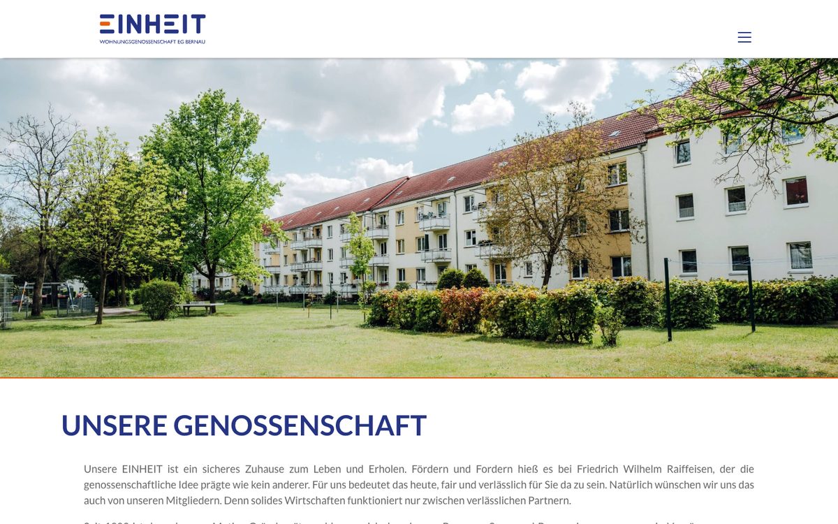 Startseite der Website Wohnungsgenossenschaft Einheit eG Bernau
